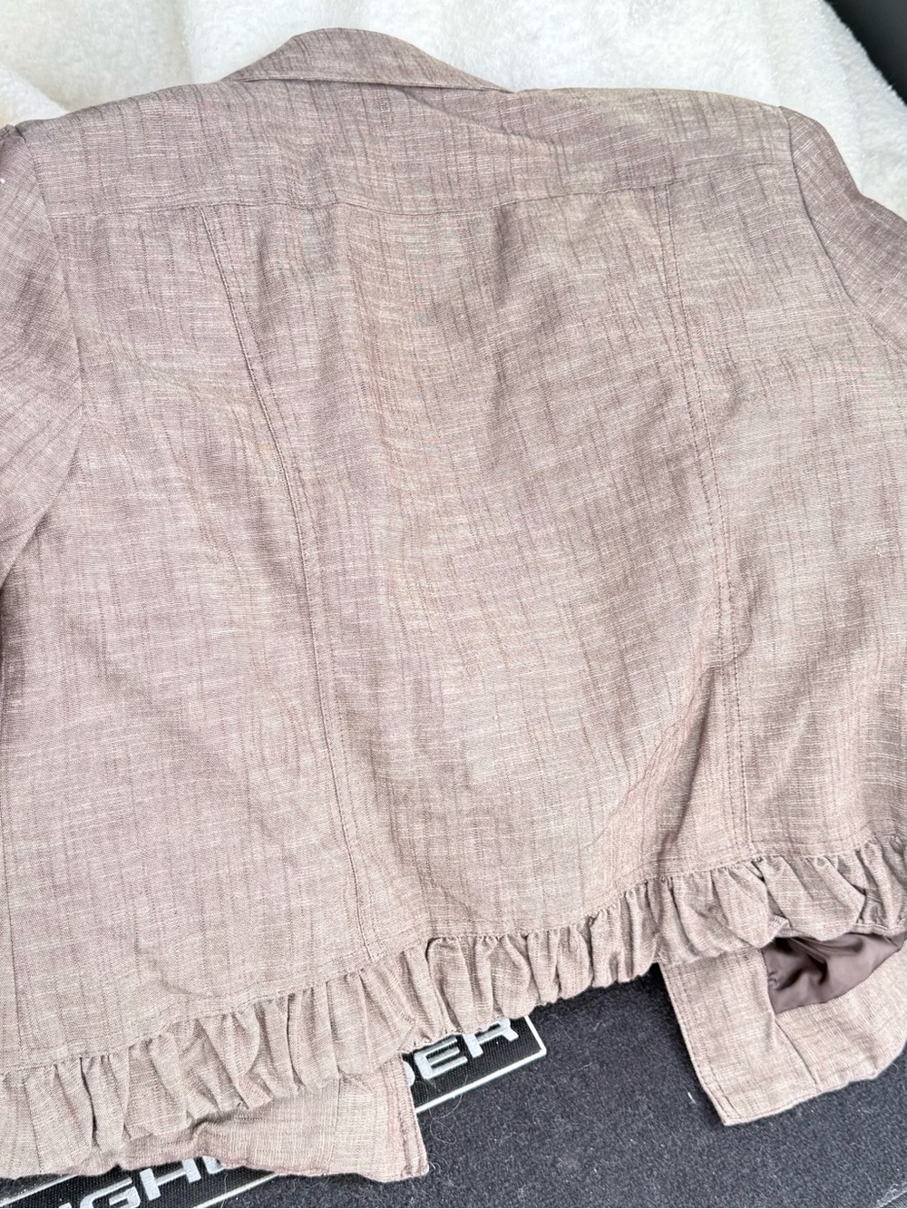 dressbarn Taupe Button-Front Ruffle Hem Shirt Jacket - Picture 2 of 5
